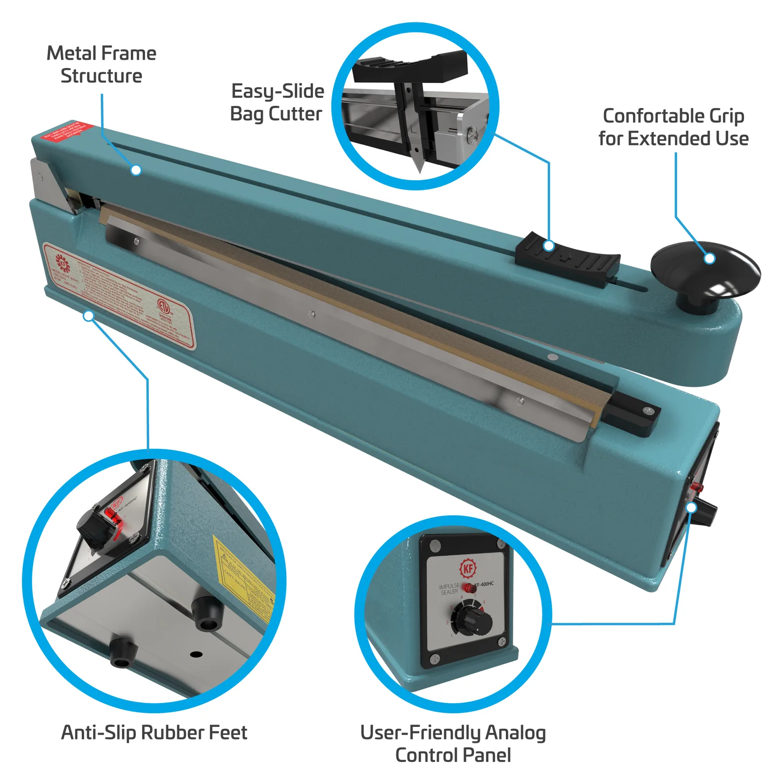Infografía que muestra una selladora manual por impulsos azul. Las características destacadas incluyen estructura de marco metálico, cortador de bolsas deslizante fácil, agarre cómodo para uso prolongado, patas de goma antideslizantes y panel de control analógico fácil de usar. El zoom muestra primeros planos de las patas de goma y del panel de control