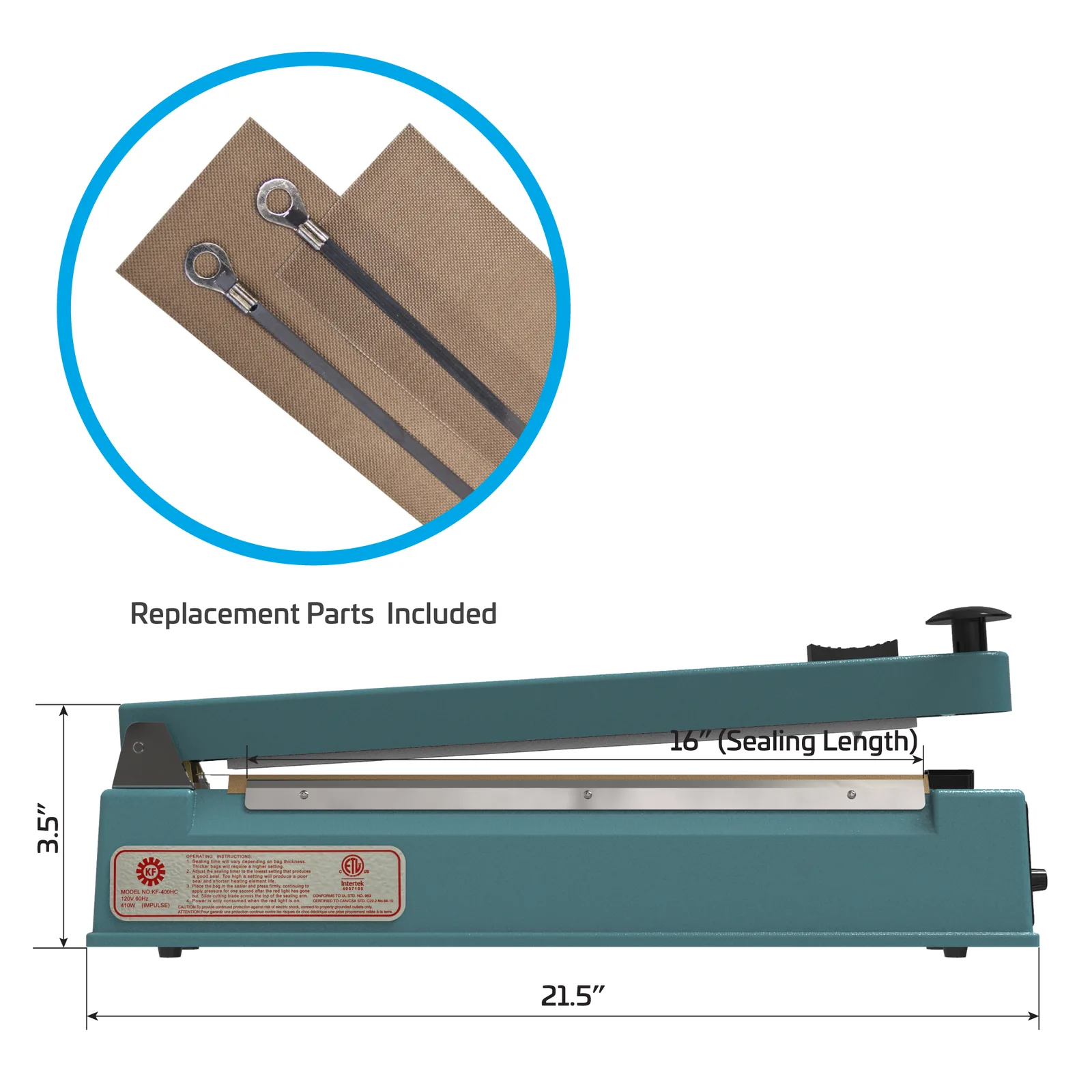 Selladora manual de impulso para bolsas portátil azul con medidas de la máquina. La característica dice