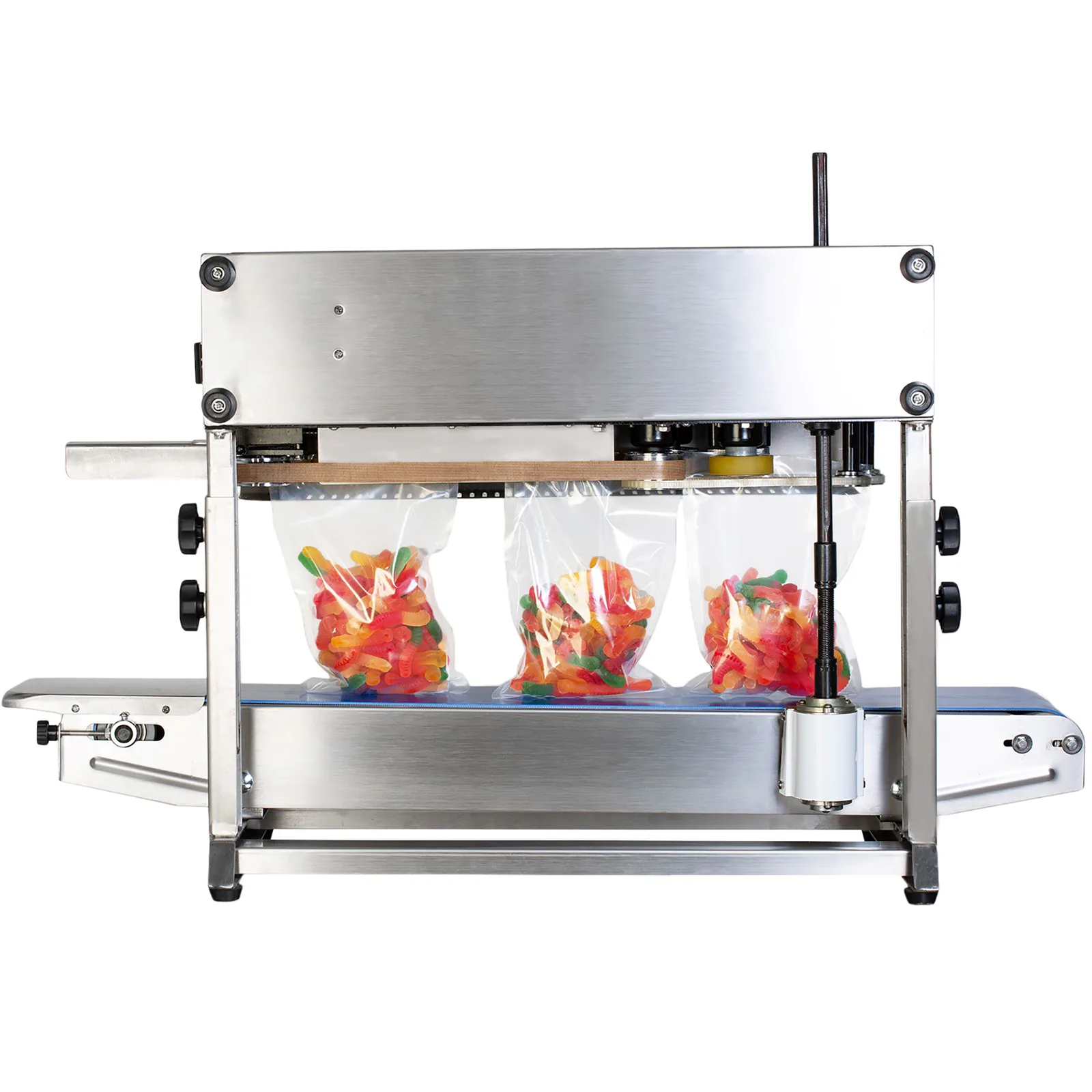 máquina selladora de bolsas de acero inoxidable para 220 V, sellando bolsas transparentes llenas de gusanos de goma vibrantes de varios colores.