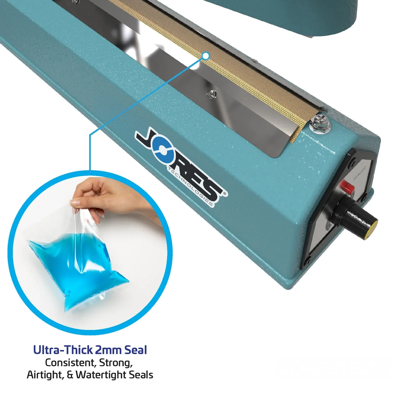 Selladora manual de bolsas por impulso JORES TECHNOLOGIES®. Primer plano del elemento de sellado. La característica destacada dice