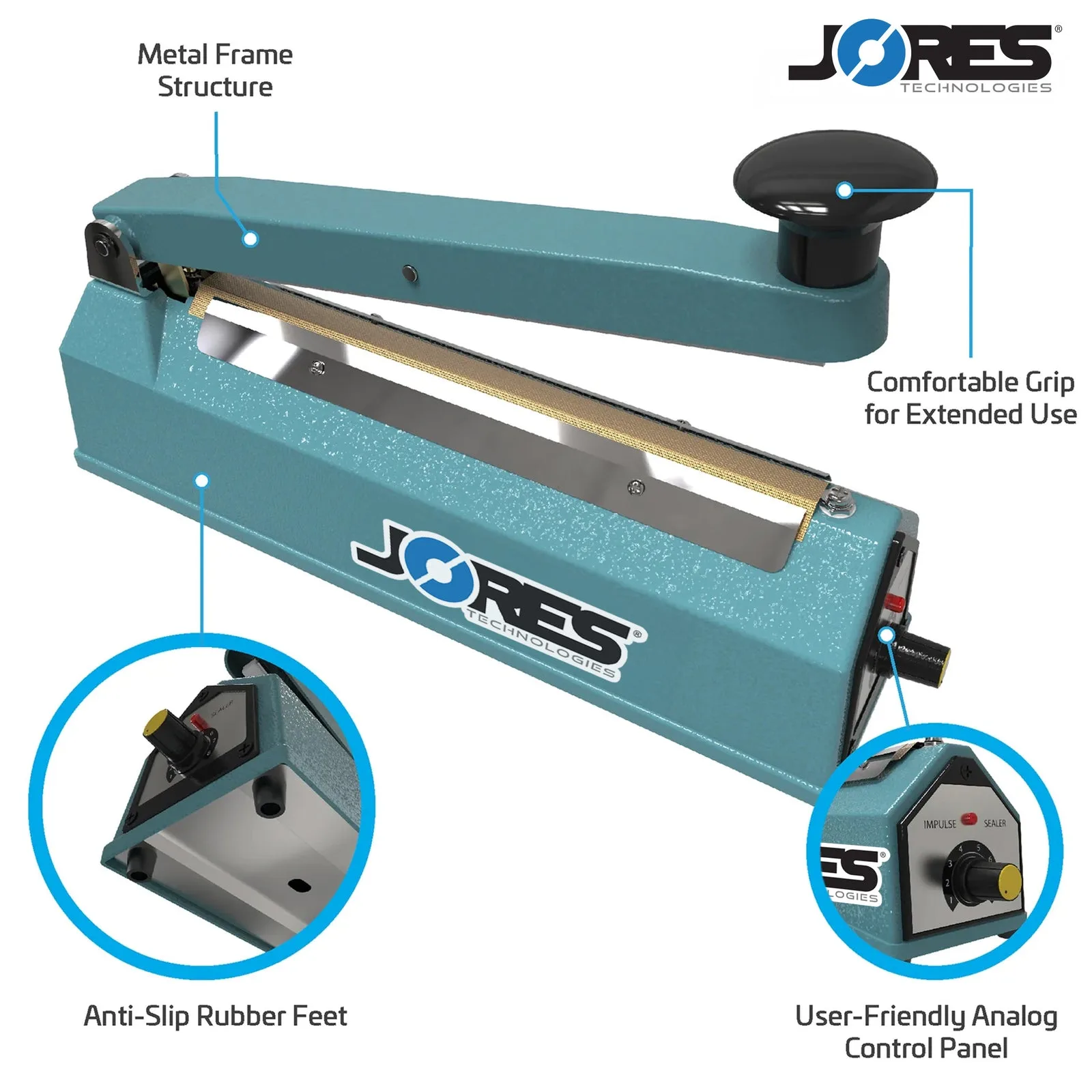 Selladora manual de impulso para bolsas de JORES TECHNOLOGIES®. Características incluyen estructura de marco metálico, agarre cómodo para uso prolongado, patas de goma antideslizantes y panel de control analógico fácil de usar. Primeros planos de las patas de goma y del panel de control