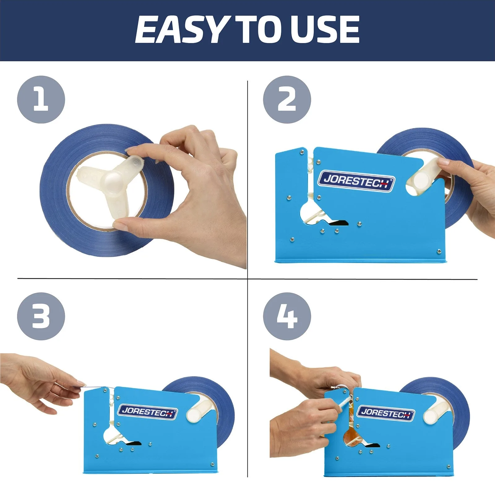 Secuencia dividida de cuatro pasos que muestra cómo instalar la cinta adhesiva en la tapadora manual de bolsas JORES TECHNOLOGIES®. La franja azul superior dice: