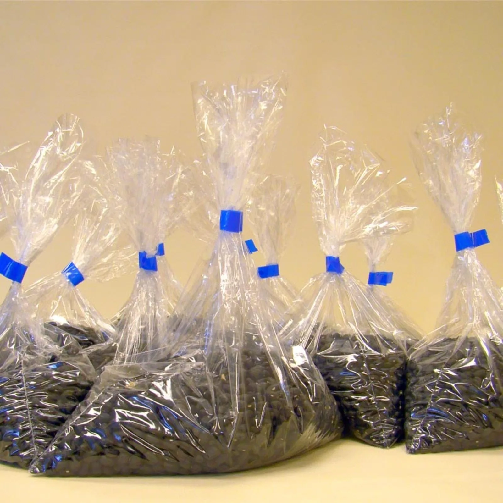 Varias bolsas de plástico transparente llenas de frijoles negros selladas con cinta adhesiva azul usando una selladora manual de bolsas