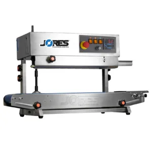 Selladora continua de banda horizontal y vertical de acero inoxidable JORES TECHNOLOGIES® con dial digital de control de temperatura.
