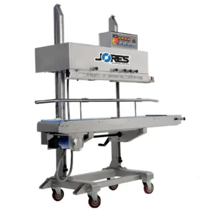 Selladora continua vertical de banda de acero inoxidable JORES TECHNOLOGIES® para 220V con codificador y ruedas