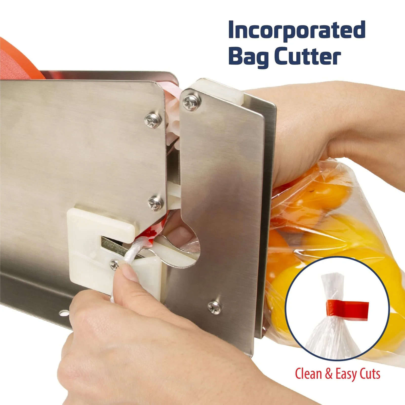 Tensor manual de cuello de bolsa de acero inoxidable con cortador de bolsas incorporado