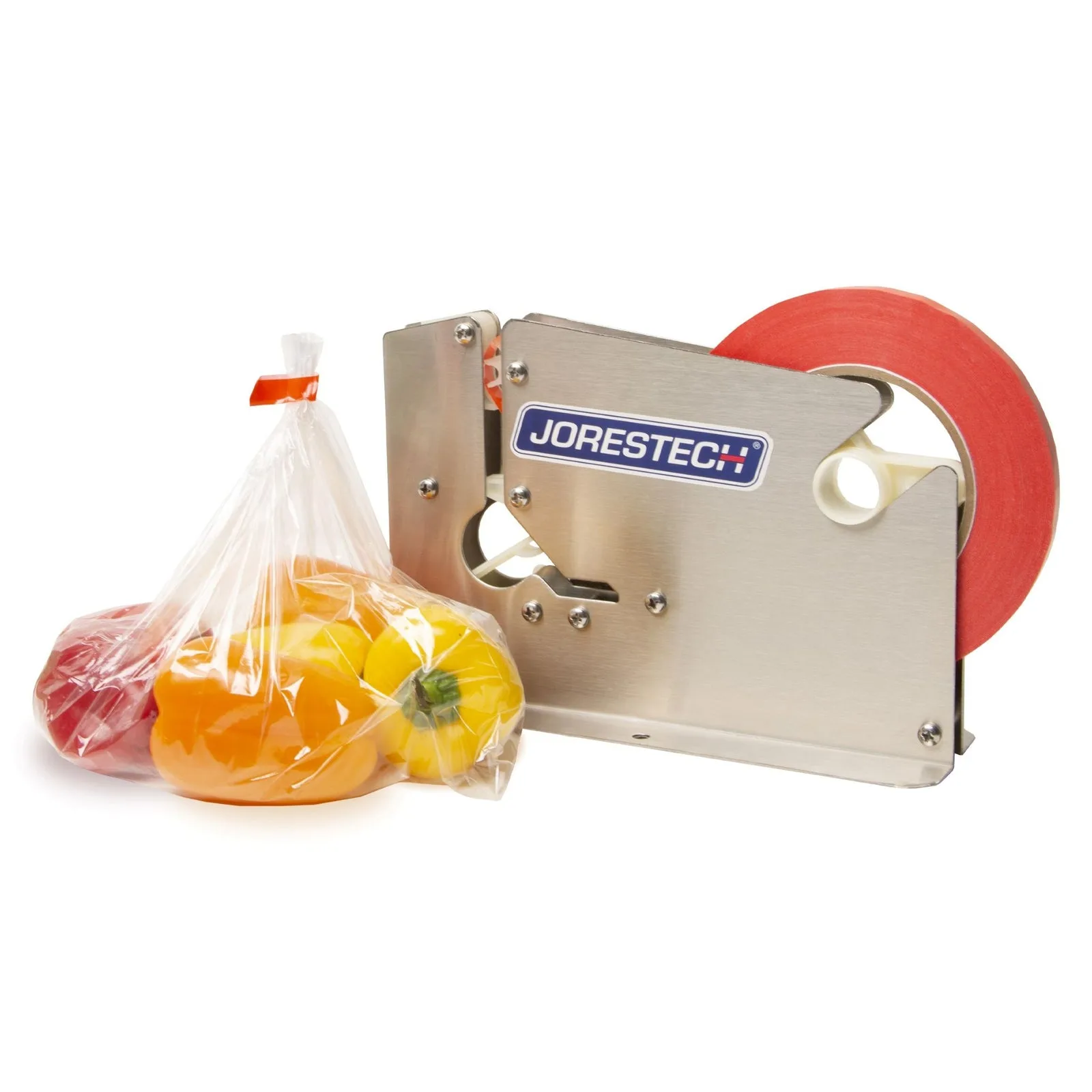 Taponador manual de cuello para bolsas de acero inoxidable con cinta adhesiva roja para cerrar bolsas de plástico con verduras