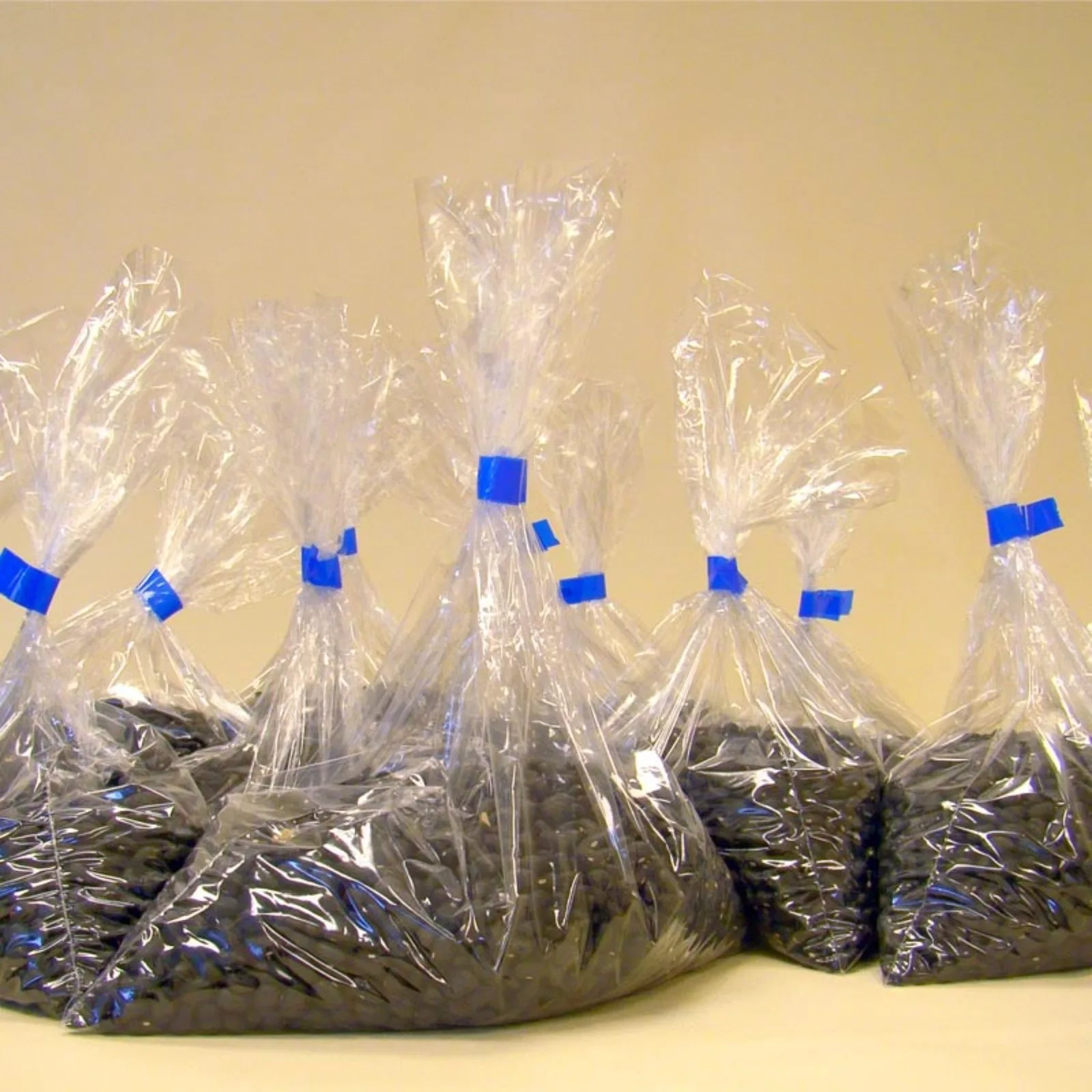 Varios bolsas de plástico llenas de frijoles negros secos cerradas con cinta adhesiva azul después de usar el sellador manual de cuello de bolsa de acero inoxidable