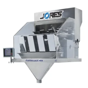 La máquina pesadora lineal de 4 cabezales de acero inoxidable JORES TECHNOLOGIES® para envasado de cantidades de productos a granel y de flujo libre mostrada en vista diagonal