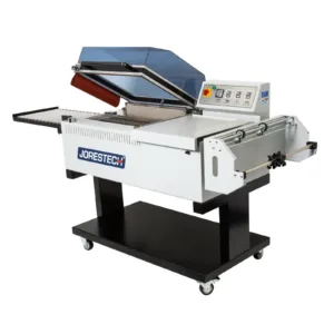 Sistema de sellado completo JORES TECHNOLOGIES® que incluye dispensador de rollos de film retráctil, selladora y cortadora de plástico, cámara de termorretracción y transportador de salida