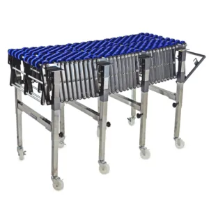 Transportador de ruedas de patín por gravedad JORES TECHNOLOGIES® en posición comprimida con marco de acero, ruedas azules y ruedas giratorias.