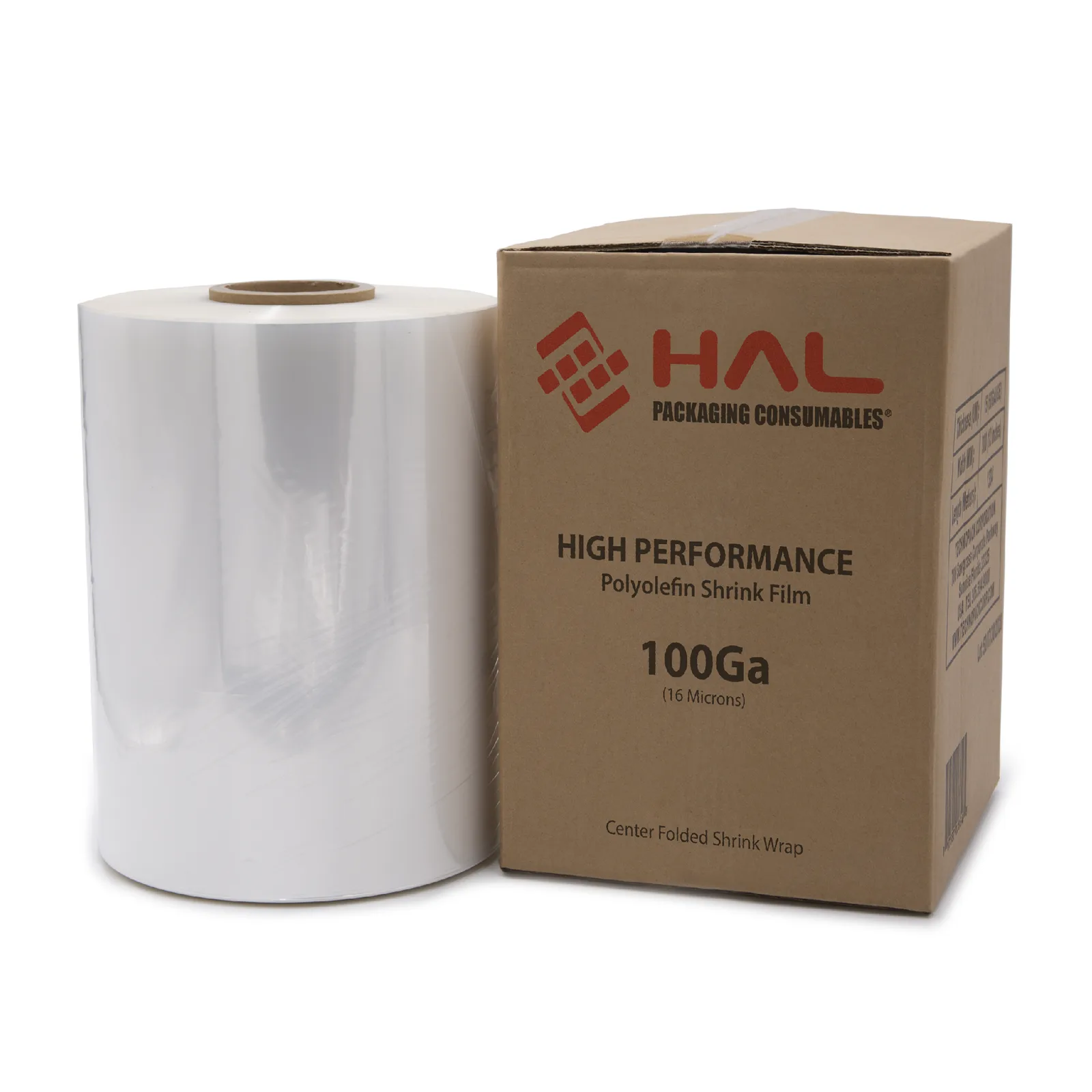 Rollo de film retráctil de 100 gauge sobre un fondo blanco fotografiado junto a una caja marrón. La caja muestra el logotipo de la marca HAL y dice