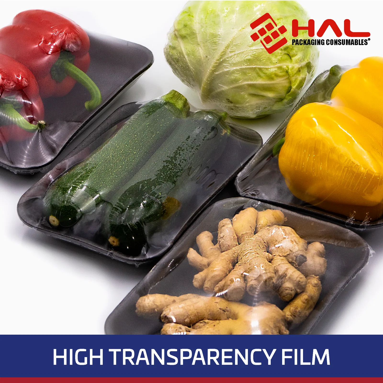 Varios alimentos envasados retráctilmente para su protección. El texto azul y blanco en la parte inferior dice Película de alta transparencia