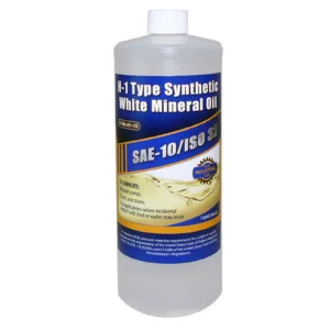 Una botella de plástico de 1 cuarto con etiqueta azul de aceite mineral blanco sintético