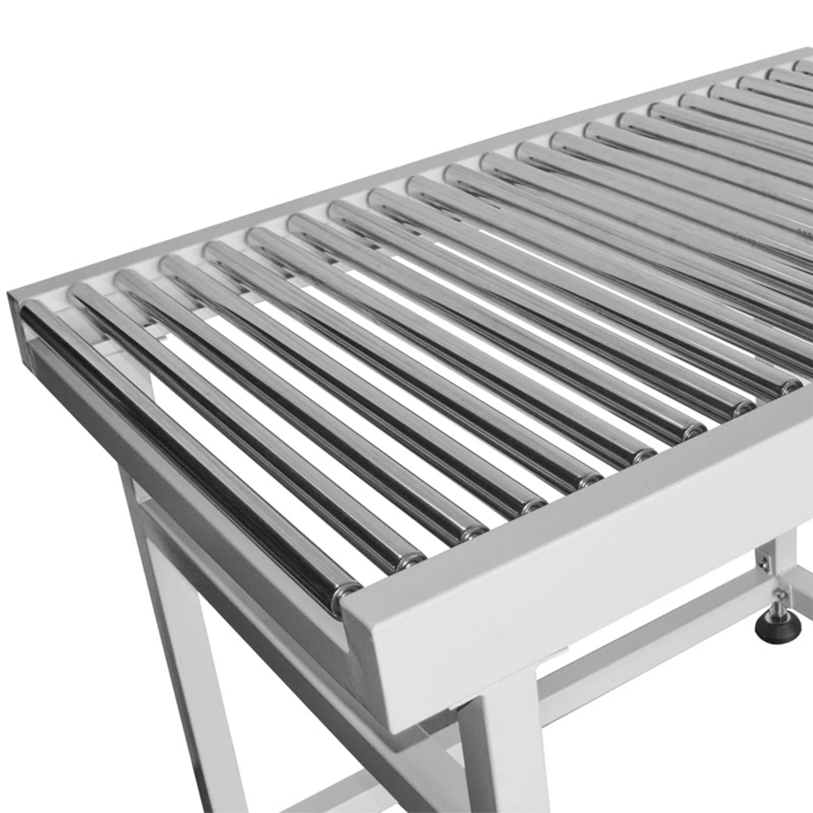 primer plano de mesa transportadora de rodillos por gravedad de acero