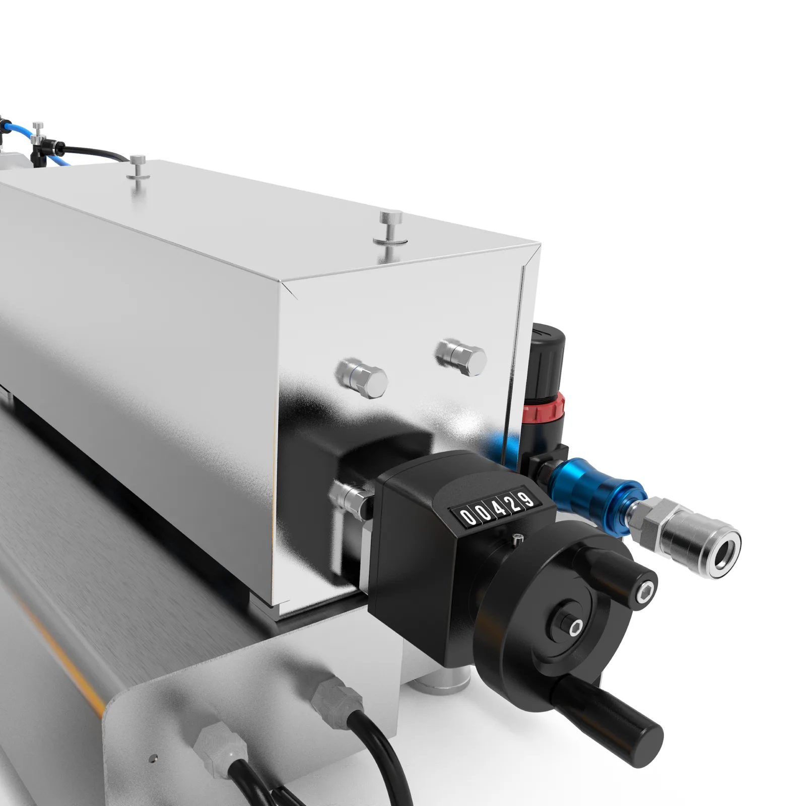 Una máquina llenadora de pasta de alta viscosidad JORES TECHNOLOGIES® vista desde la parte trasera. Se aprecian fácilmente el ajustador del volumen de llenado y el conector de aire comprimido.