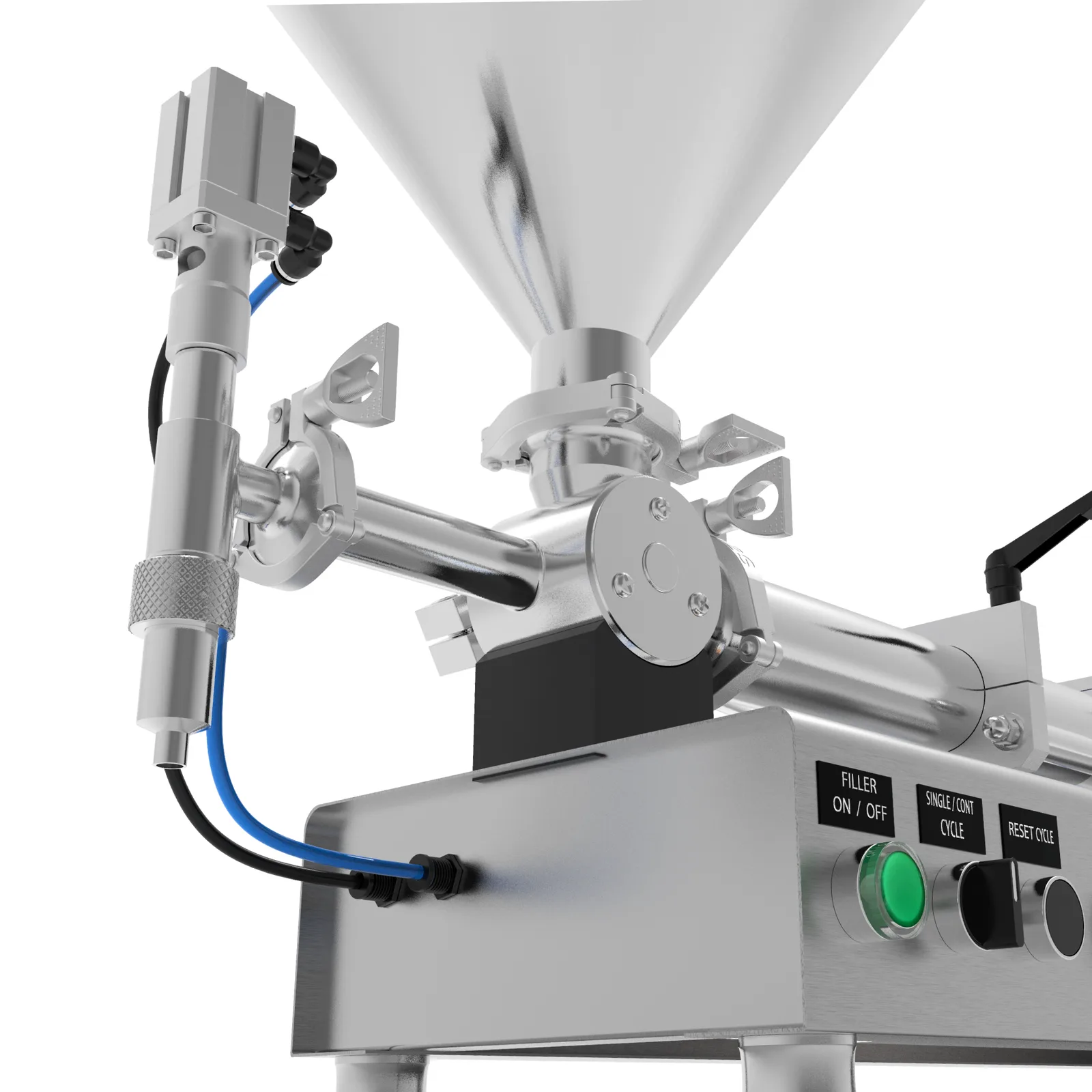 Primer plano de la boquilla dispensadora de pasta sin goteo, las mangueras de aire comprimido y los accesorios triclamp para el desmontaje de la máquina sin herramientas
