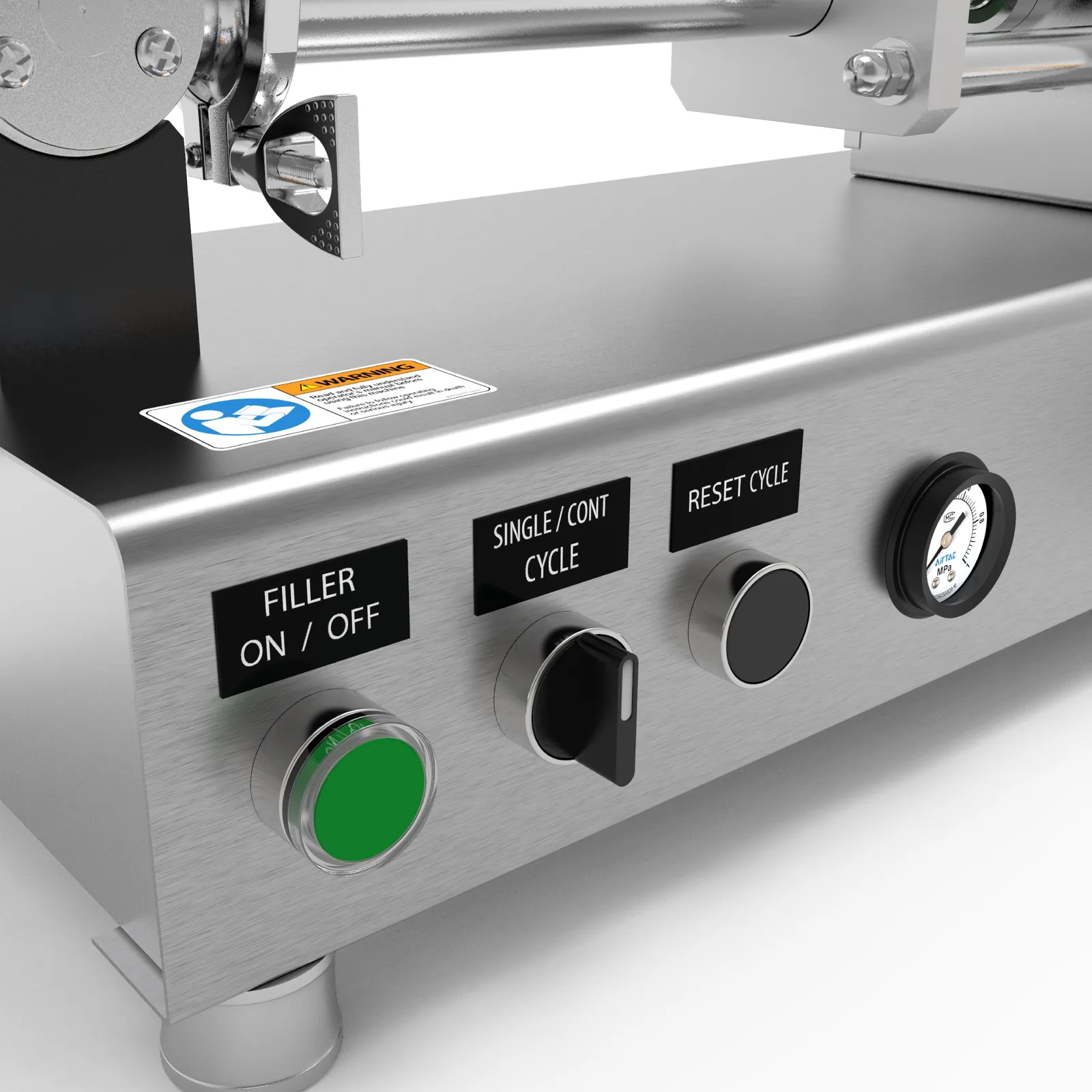 Primer plano del panel de control donde se ven el interruptor de encendido, los botones de ciclo simple/continuo y reinicio de ciclo. El manómetro también es visible como parte del panel de control