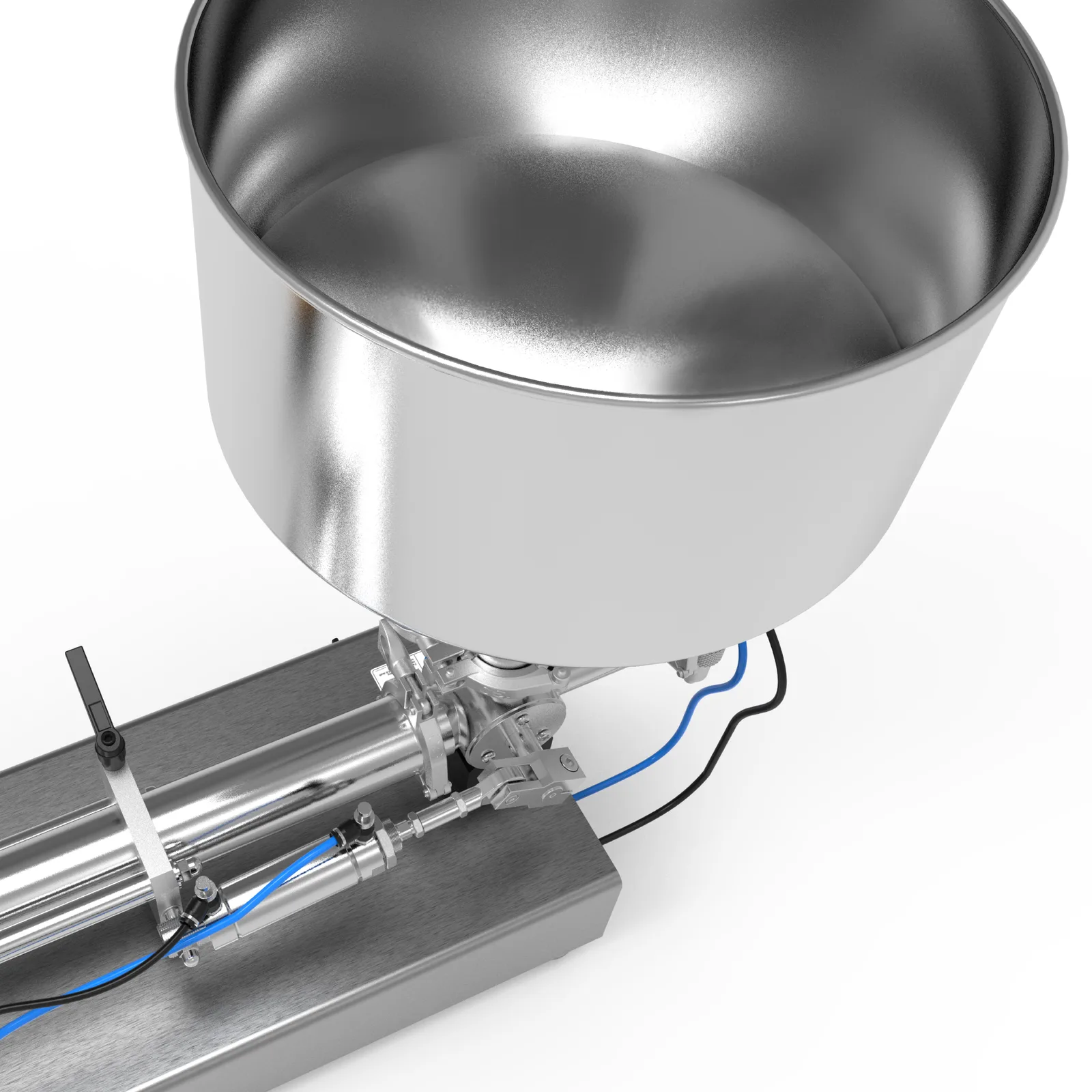 Primer plano de la abertura de la tolva de acero inoxidable de la llenadora de pistón para pasta de alta viscosidad