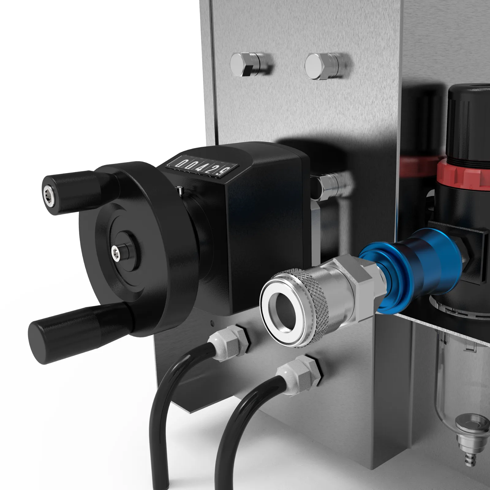 Primer plano del ajustador de volumen de llenado y del conector de aire comprimido del llenador volumétrico de líquidos JORES TECHNOLOGIES®