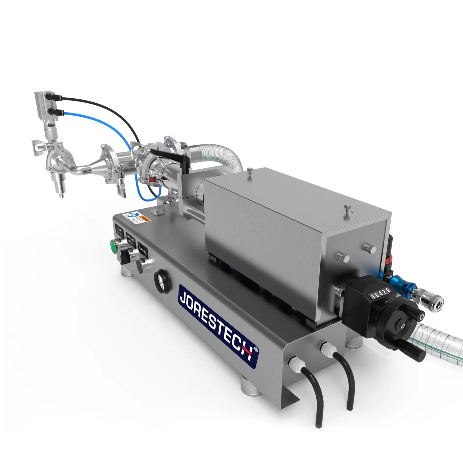 Máquina de llenado de líquidos de baja viscosidad JORES TECHNOLOGIES® de acero inoxidable 316 SS para 250 ml. El regulador de volumen de llenado, la manguera principal de entrada y el conector de aire comprimido se aprecian fácilmente