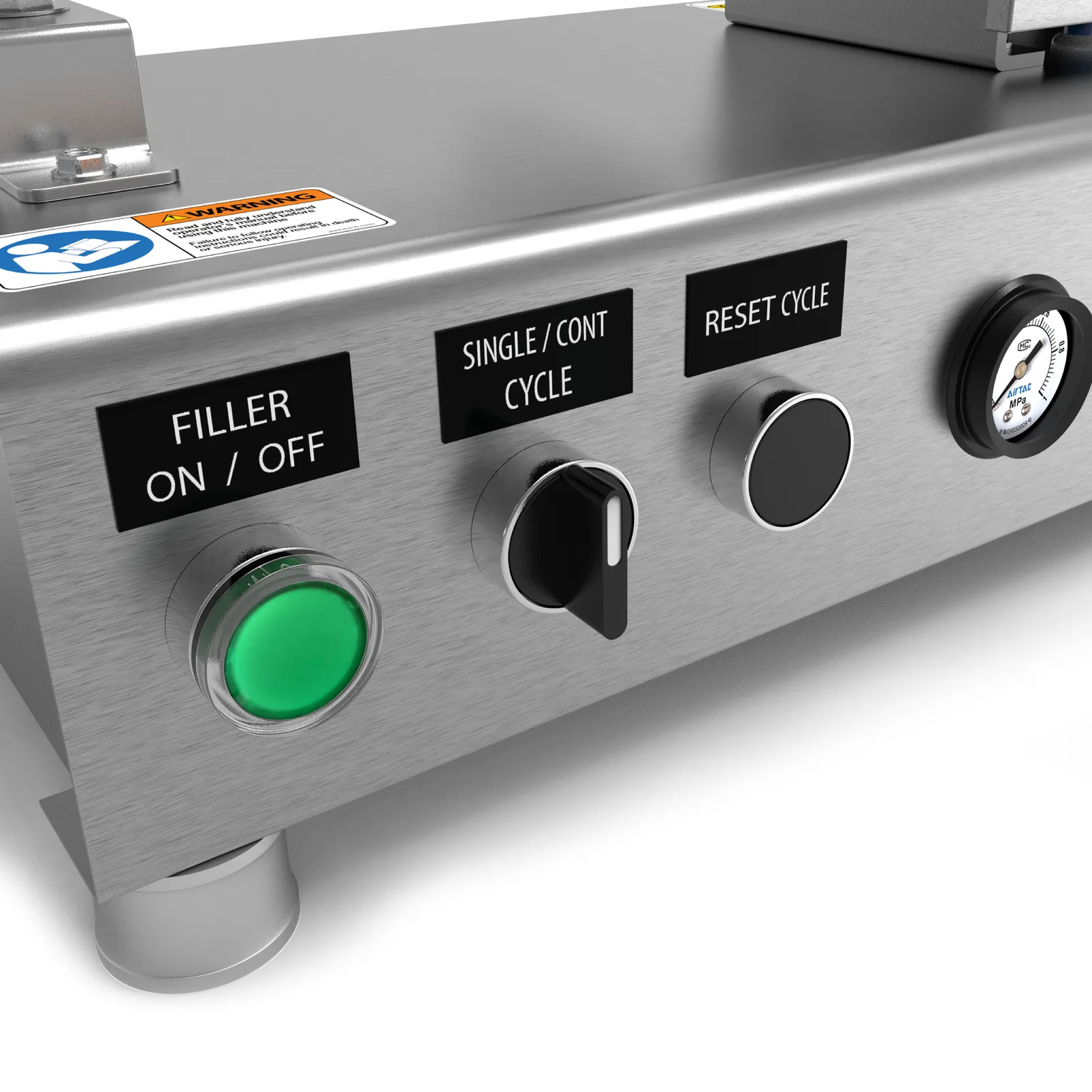 Primer plano del panel de control, donde se ven el interruptor de encendido, los botones de ciclo único/continuo y reinicio de ciclo. El indicador del manómetro también es visible como parte del panel de control.