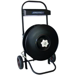 Carro manual negro para fleje de polipropileno para palés JORES TECHNOLOGIES® con dispensador de núcleo de 8 pulgadas y ruedas