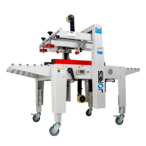 Máquina selladora de cajas semiautomática para cajas pequeñas y medianas con barras laterales de tracción rojas y logotipo de JORES TECHNOLOGIES®
