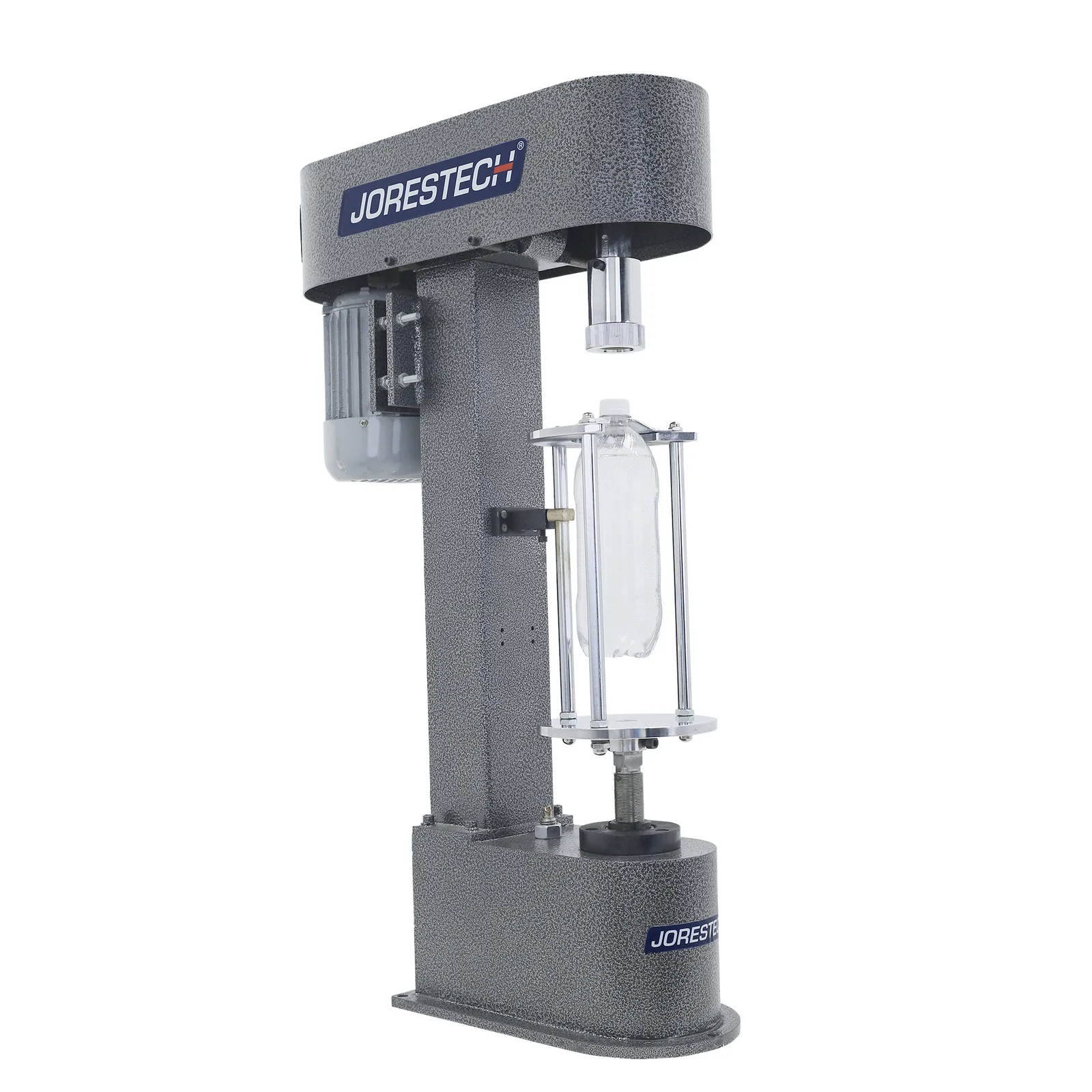 Tapadora semiautomática para botellas con logo azul de JORES TECHNOLOGIES® en el lateral y botella de plástico transparente