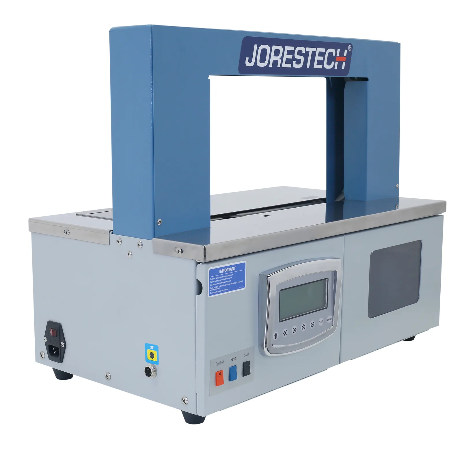 Vista diagonal de una máquina de flejado de sobremesa JORES TECHNOLOGIES® ® en gris y azul para bandas de papel y plástico sobre fondo blanco.
