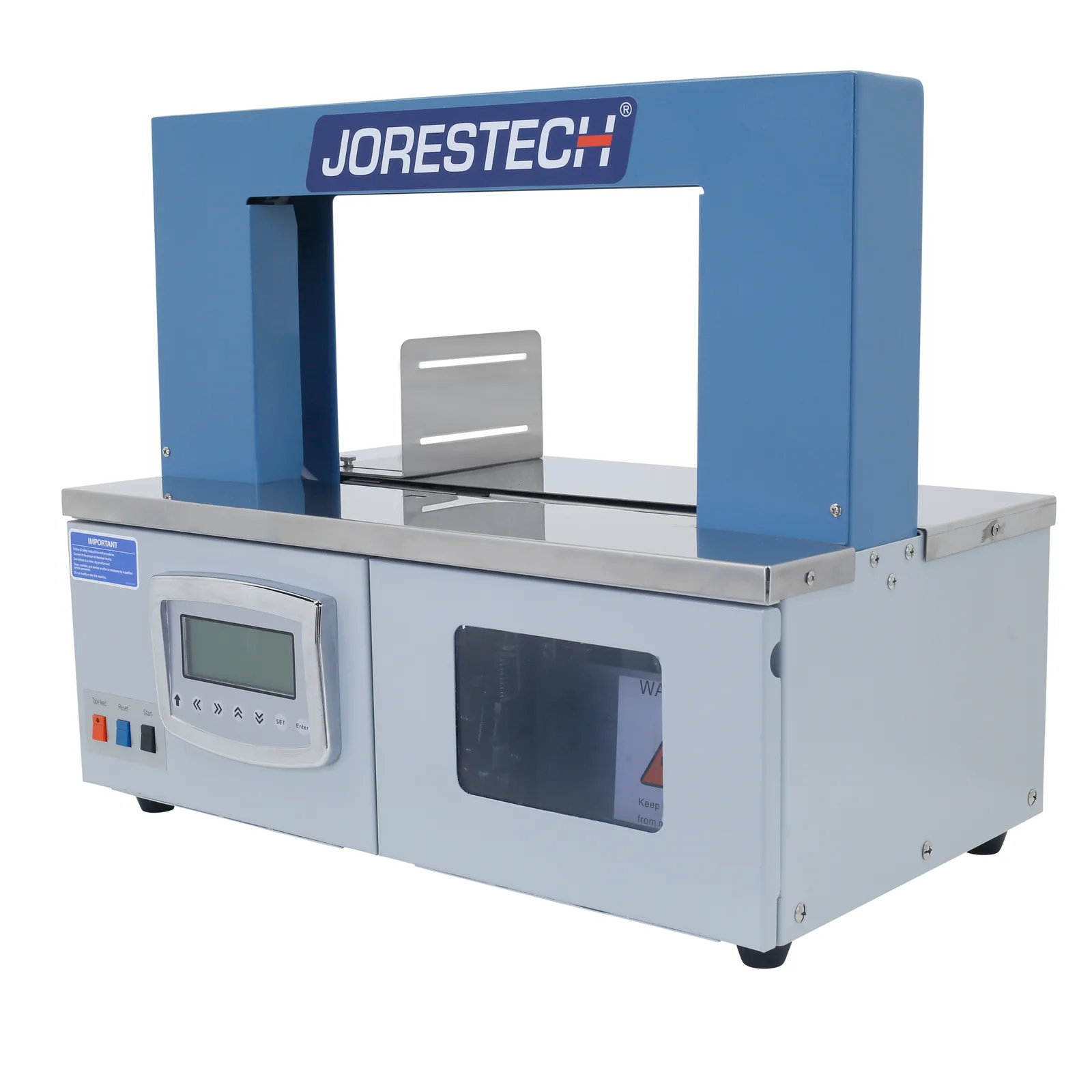 Vista diagonal de una máquina flejadora de sobremesa JORES TECHNOLOGIES® ® gris y azul para flejes de papel y plástico.