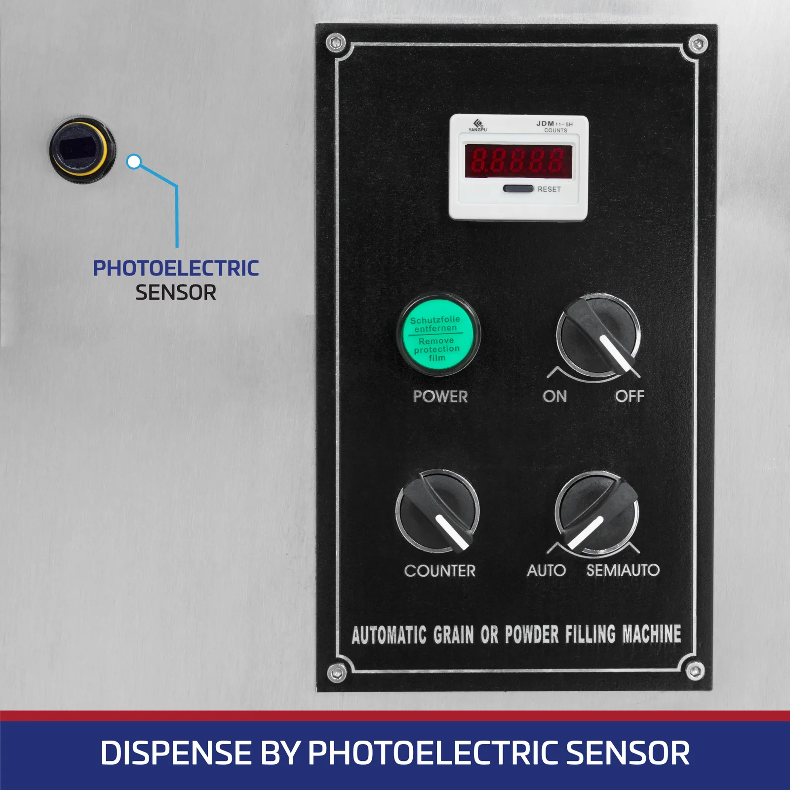 Panel de control del llenador volumétrico JORES TECHNOLOGIES® y del interruptor de ojo mágico. El texto inferior dice