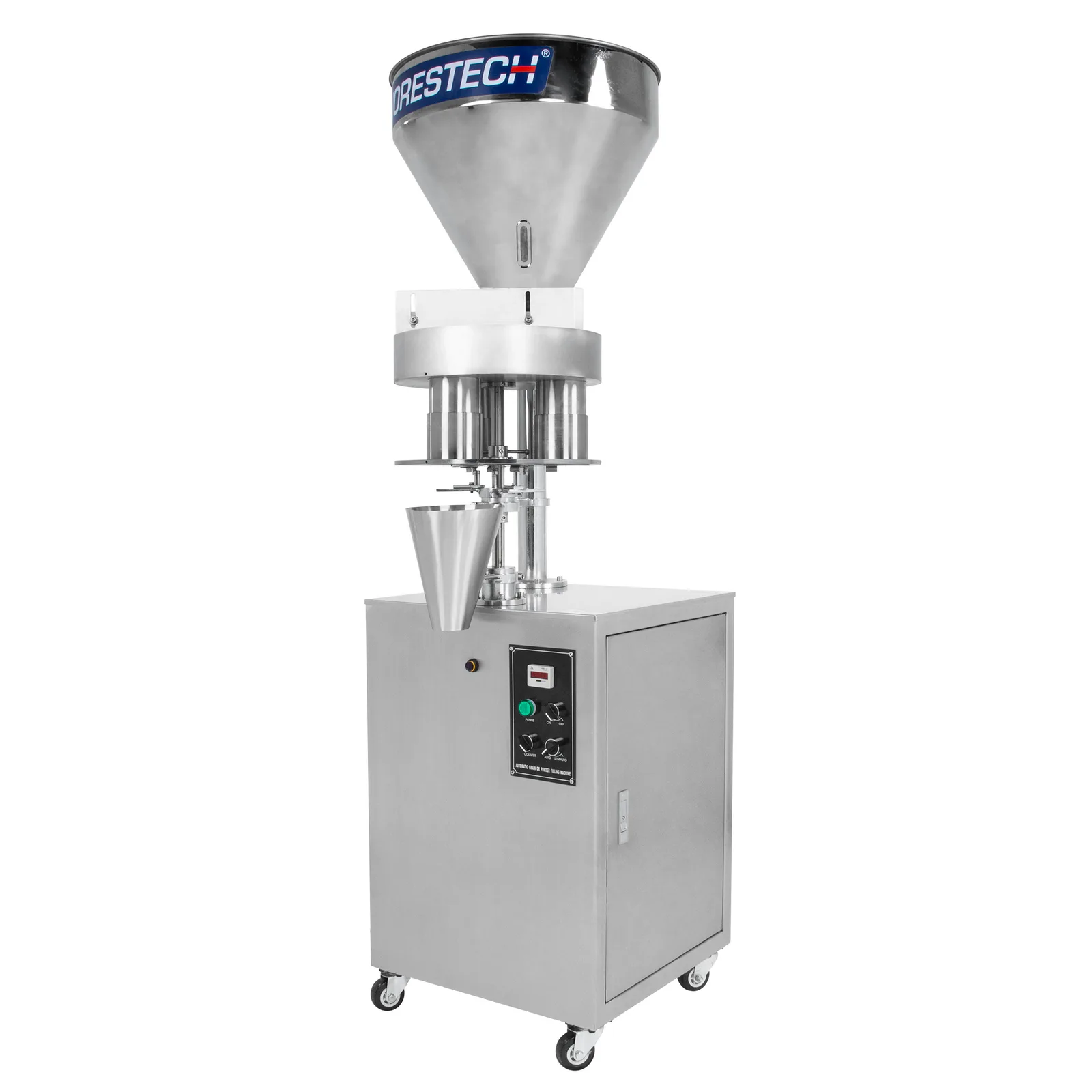 Llenadora volumétrica semiautomática de acero inoxidable JORES TECHNOLOGIES® para productos granulares de flujo libre en vista diagonal