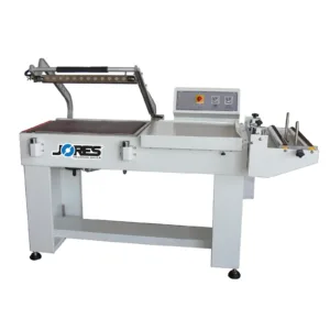 Máquina selladora térmica semiautomática de barra en L JORES TECHNOLOGIES® para empaquetado retráctil sobre fondo blanco.