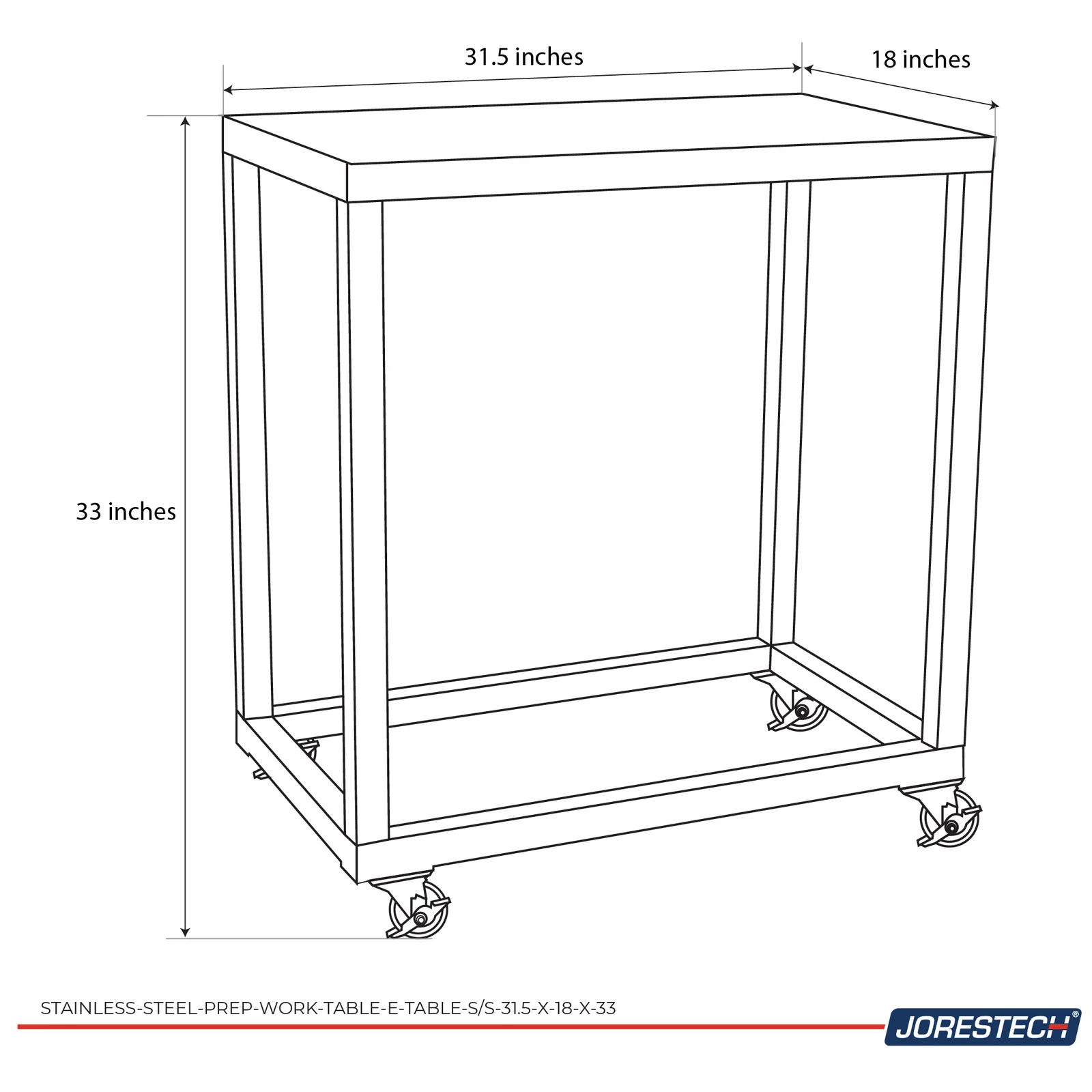 Infografía que describe las medidas de la mesa de acero inoxidable, que son 31.5x18x33