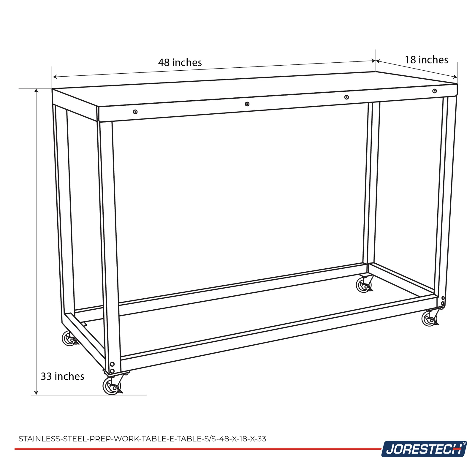Infografía que describe las medidas de la mesa de acero inoxidable, que son 48x18x33