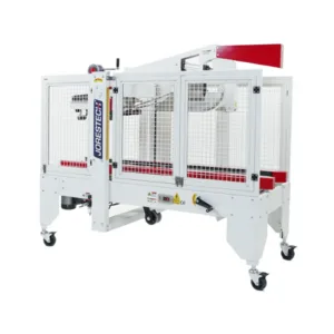Máquina selladora de cajas semiautomática con barras de tracción laterales rojas de JORES TECHNOLOGIES®