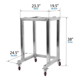 Infografía con las medidas del soporte de acero inoxidable para la pesadora lineal de un solo cabezal JORES TECHNOLOGIES® Parallax 113; 38 x 23.3 x 19.5 pulgadas