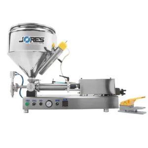 JORES TECHNOLOGIES® Llenadora de pistón para alta viscosidad con tolva calentada, pedal y acero inoxidable 316 (316 SS)
