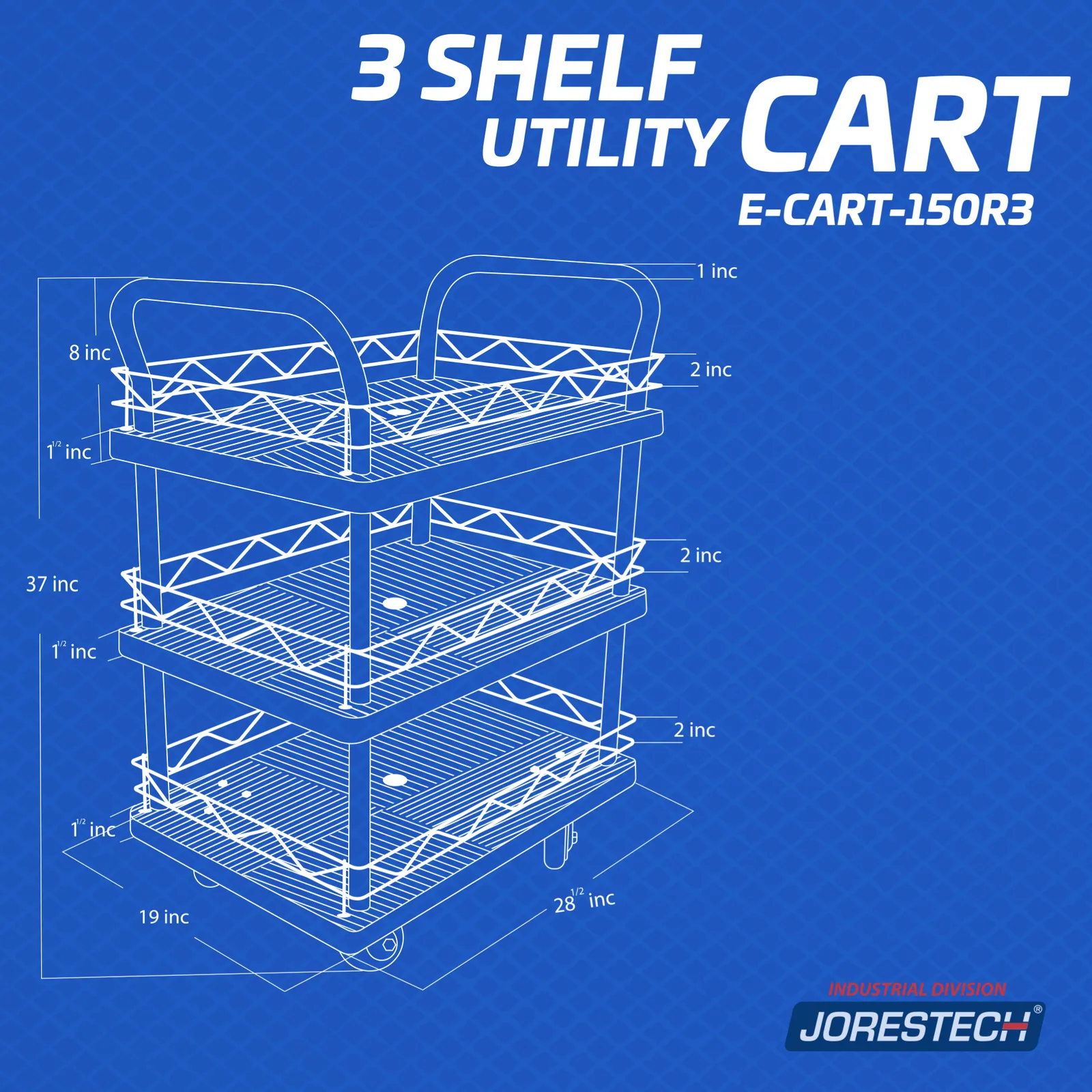 Gráfico del carrito utilitario JORES TECHNOLOGIES® de 3 estantes que muestra las medidas de las plataformas del carrito, que son de 28 x 19 pulgadas