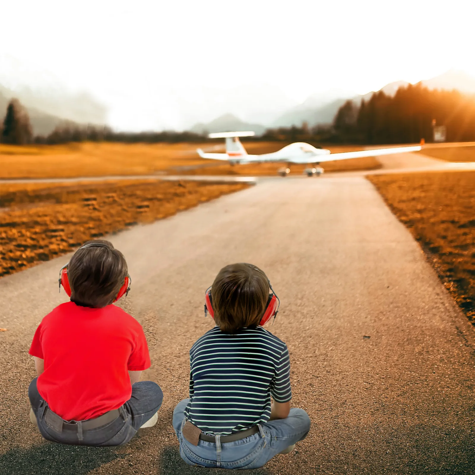 2 niños usando orejeras de protección auditiva mientras observan aviones despegar y aterrizar desde un aeropuerto