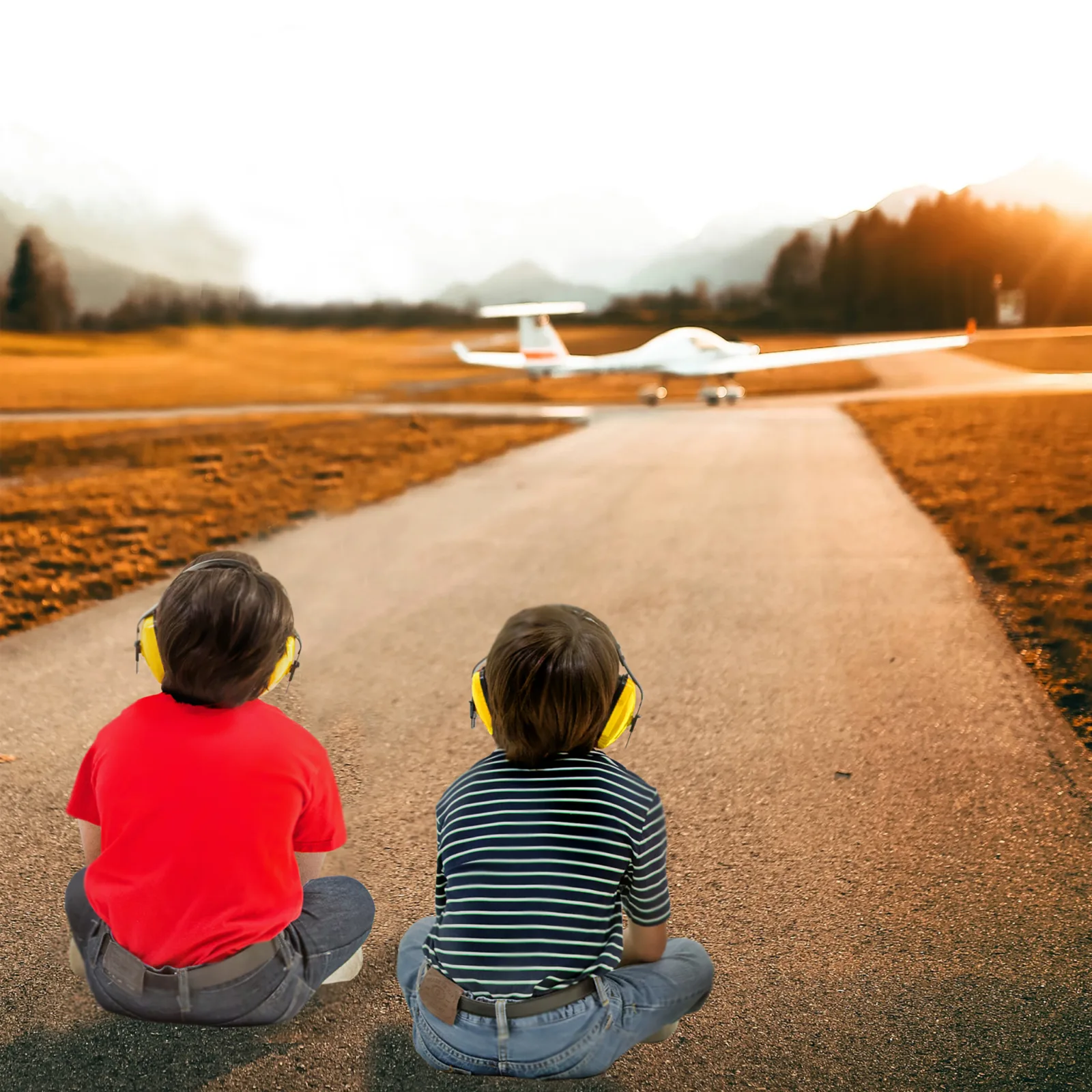 2 niños están sentados en el suelo con orejeras amarillas mientras un avión se prepara para despegar