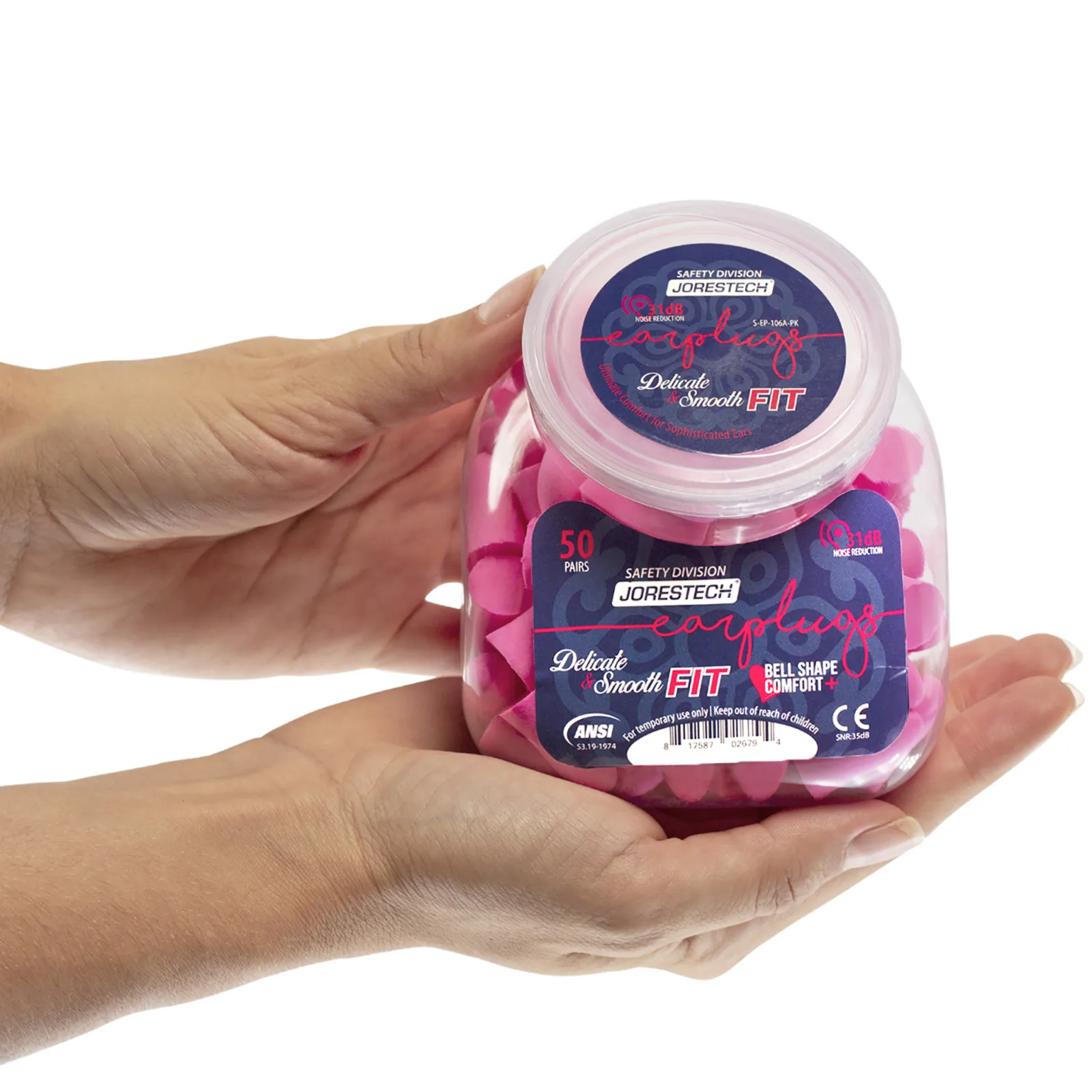 Mujeres sosteniendo una pequeña caja transparente con 50 pares de tapones para los oídos JORESTECH de 31 dB NRR