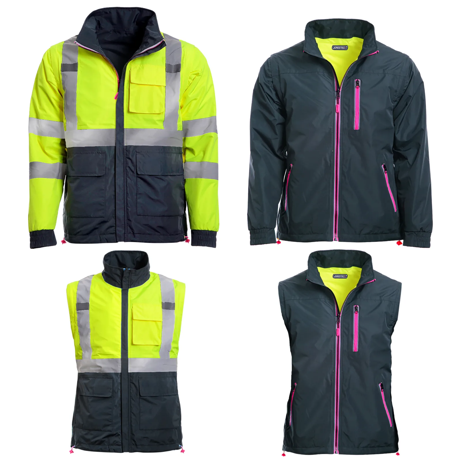 Se muestran 4 estilos diferentes: 1 una chaqueta de seguridad JORESTECH amarilla reflectante. 2 un chaleco de seguridad amarillo reflectante. 3 una chaqueta no reflectante con detalles en gris oscuro y rosa. 4 un chaleco no reflectante con detalles en gris oscuro y rosa.