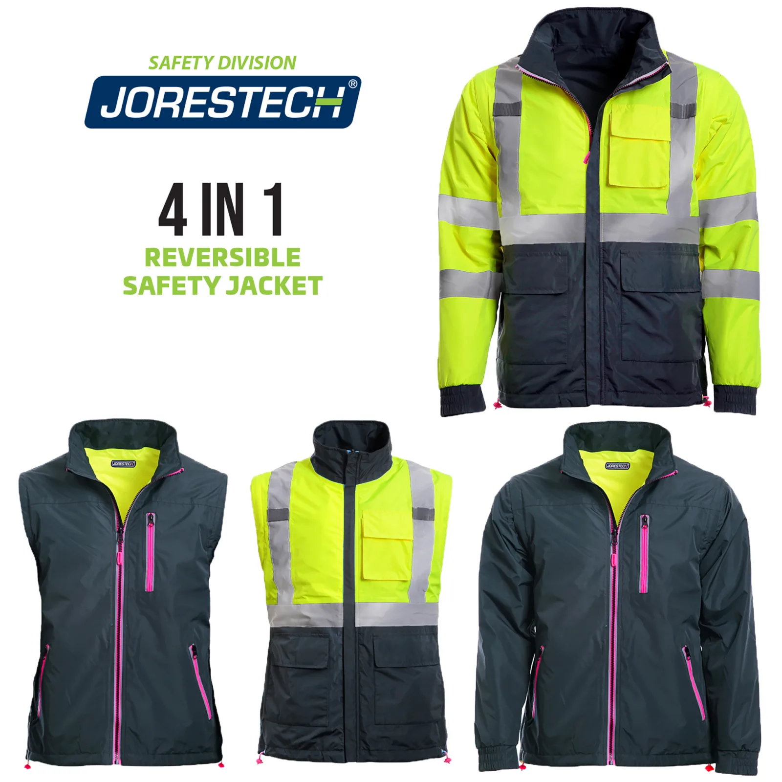 La chaqueta de seguridad reversible de alta visibilidad 4 en 1 en amarillo y rosa con mangas desmontables. Muestra vistas de la chaqueta que incluyen: la chaqueta reflectante. Un chaleco reflectante. Un lado no reflectante como chaleco. Una chaqueta no reflectante. El texto dice chaqueta y chaleco de seguridad reversible 4 en 1.