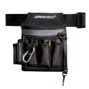 Vista frontal de la bolsa para cinturón de herramientas JORESTECH de 6 bolsillos en negro y gris con costuras reforzadas en lima