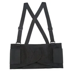 Vista frontal de un cinturón de soporte lumbar JORESTECH negro ajustable de alta resistencia con tirantes para soporte lumbar