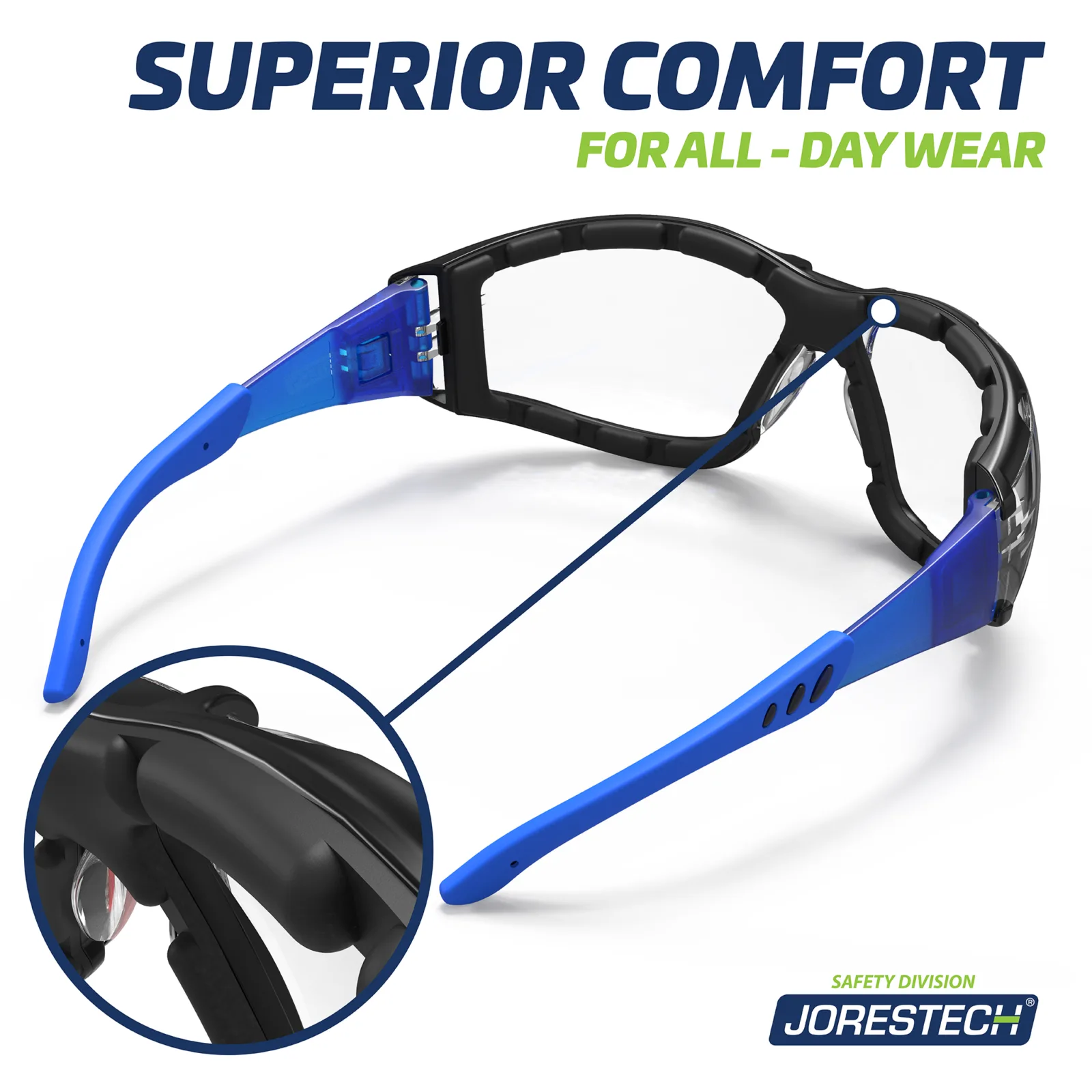 Vista de la parte posterior de las gafas de seguridad JORESTECH antiempañantes azules y transparentes convertibles en goggles con patillas desmontables y banda elástica para la cabeza. Se muestra un primer plano de la junta de espuma en un círculo y el texto dice comodidad superior para uso durante todo el día.