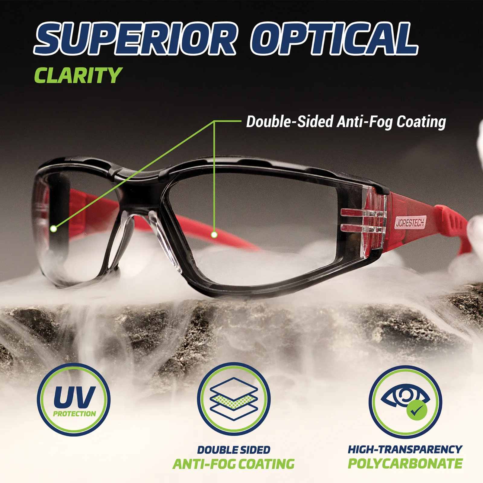 Presenta las gafas de seguridad JORESTECH en rojo y transparente sobre una roca y rodeadas de vapor de agua para mostrar que las gafas son antivaho. El texto dice: superior optical clarity, Double sided anti fog coating, UV protection logo and high transparency logo.