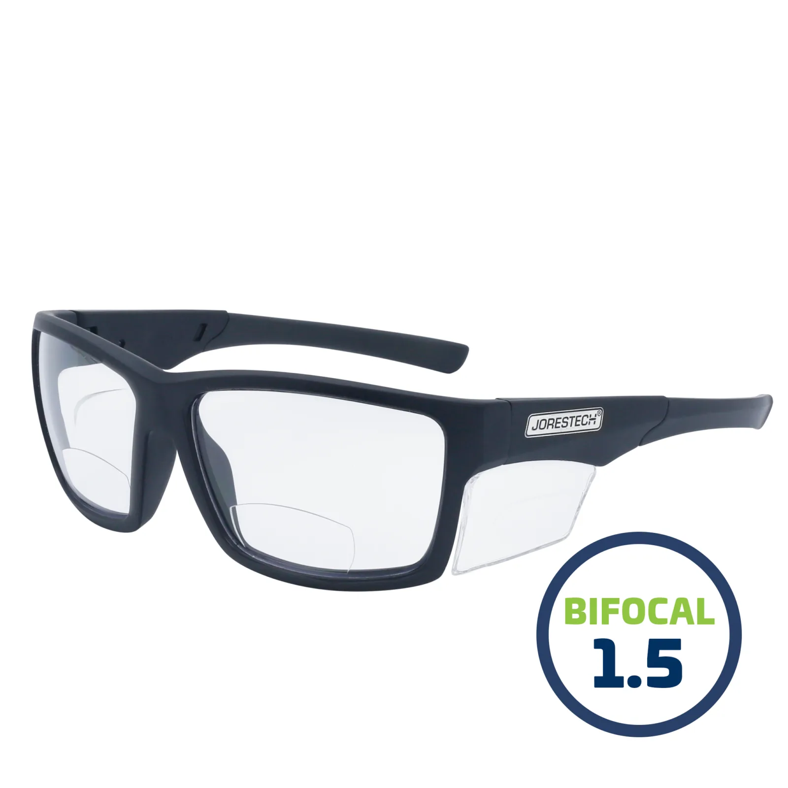 Gafas de lectura de seguridad bifocales JORESTECH con protector lateral transparente para protección contra impactos fuertes. Estas gafas de seguridad tienen montura negra y lentes de policarbonato transparentes. En un dibujo verde y azul se lee bifocal 1.5